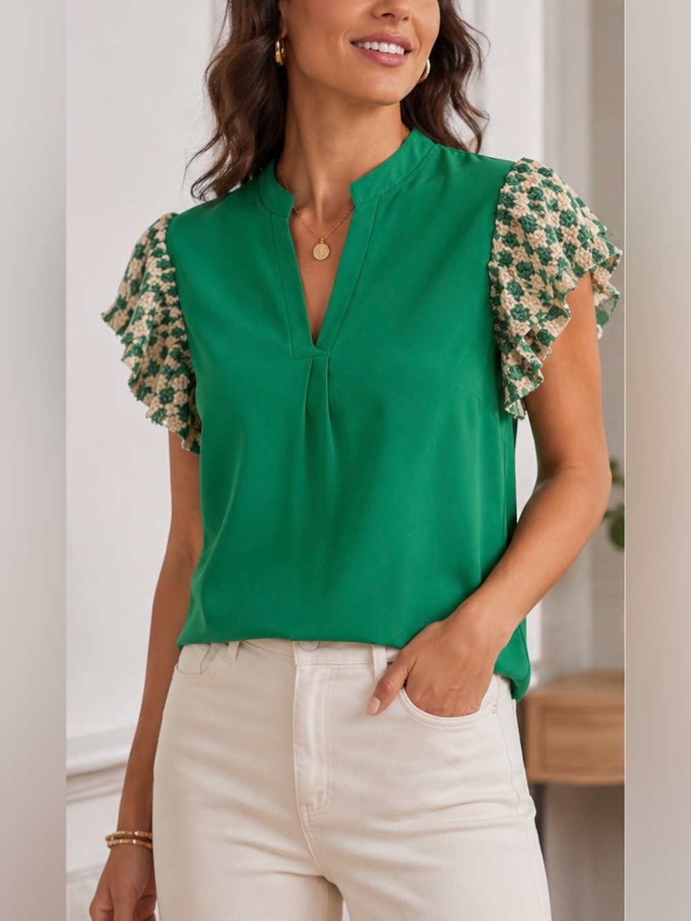 THML Green V-Neck Top with Textured Sleeves